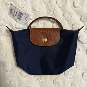 Longchamp LE PLIAGE ORIGINAL POUCH WITH HANDLE Mini Bag in Navy and Brown NWT